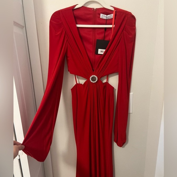 NWT MAC DUGGAL Red Jersey Puff Sleeve Cut Out Column Gown (26727) - Size 0 - Picture 7 of 10